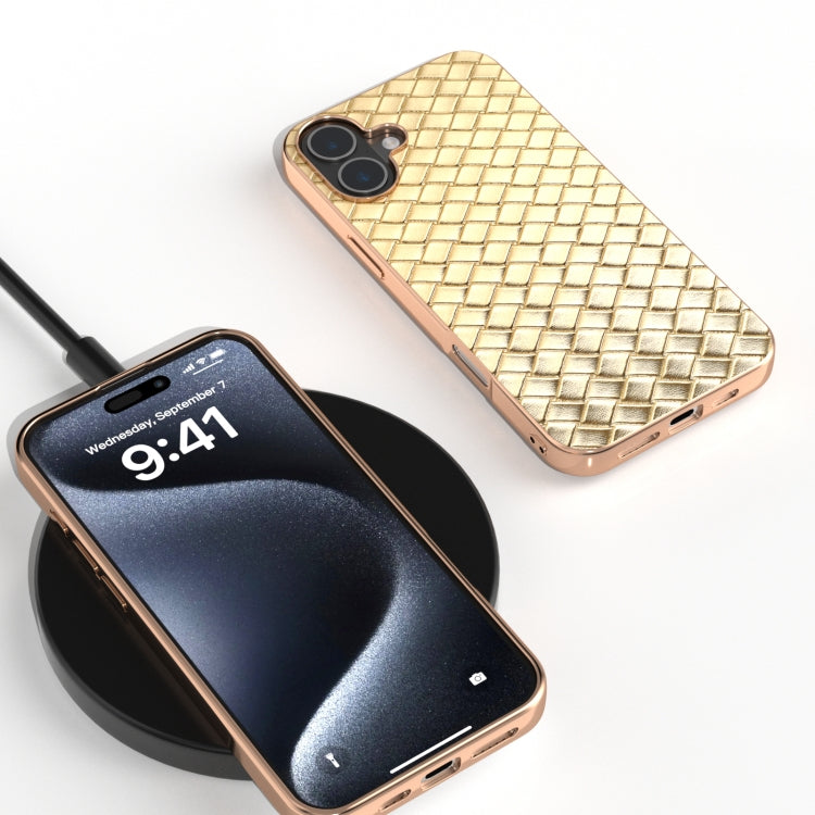 For iPhone 16 Plus Electroplated Frame Woven Texture PU Phone Case