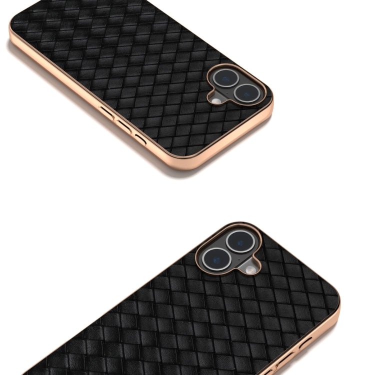For iPhone 16 Plus Electroplated Frame Woven Texture PU Phone Case