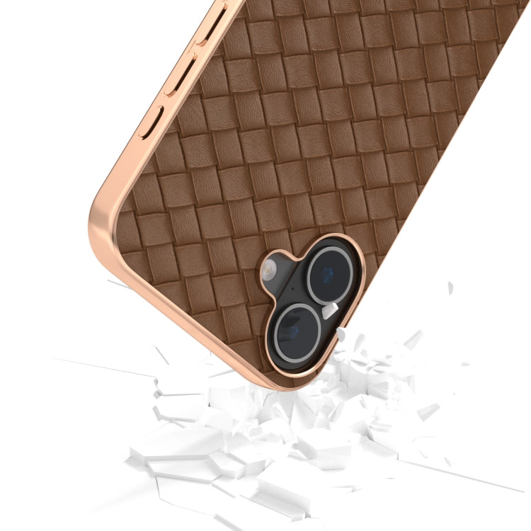 For iPhone 16 Plus Electroplated Frame Woven Texture PU Phone Case