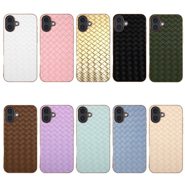 For iPhone 16 Plus Electroplated Frame Woven Texture PU Phone Case