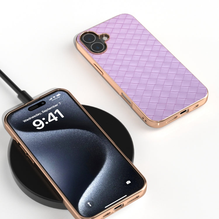 For iPhone 16 Plus Electroplated Frame Woven Texture PU Phone Case