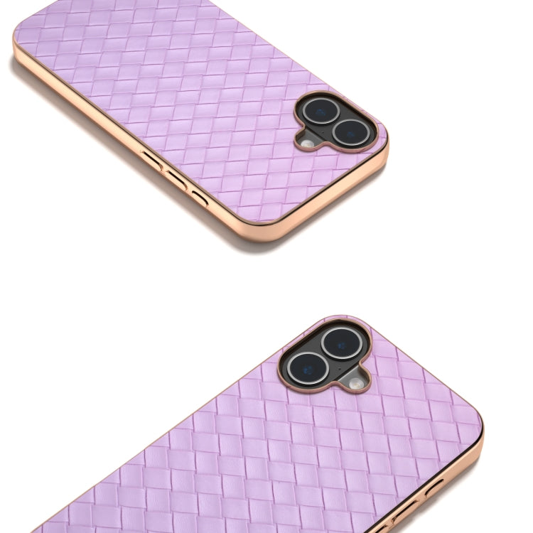 For iPhone 16 Plus Electroplated Frame Woven Texture PU Phone Case