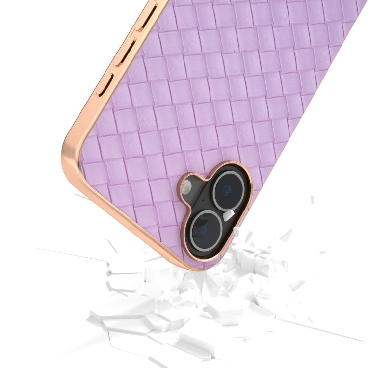 For iPhone 16 Plus Electroplated Frame Woven Texture PU Phone Case