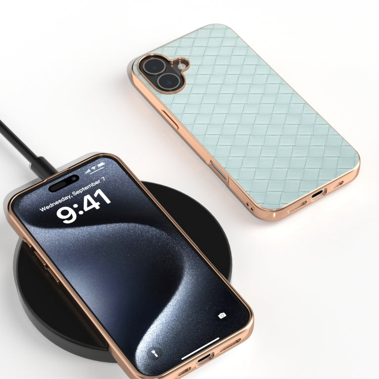For iPhone 16 Plus Electroplated Frame Woven Texture PU Phone Case