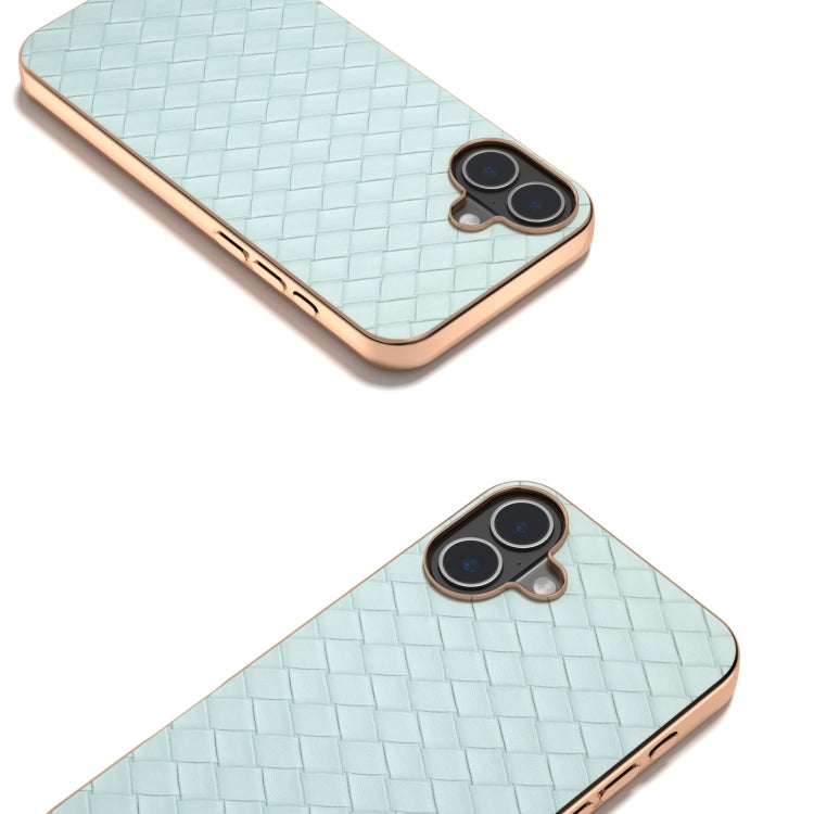 For iPhone 16 Plus Electroplated Frame Woven Texture PU Phone Case