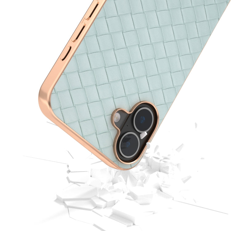 For iPhone 16 Plus Electroplated Frame Woven Texture PU Phone Case