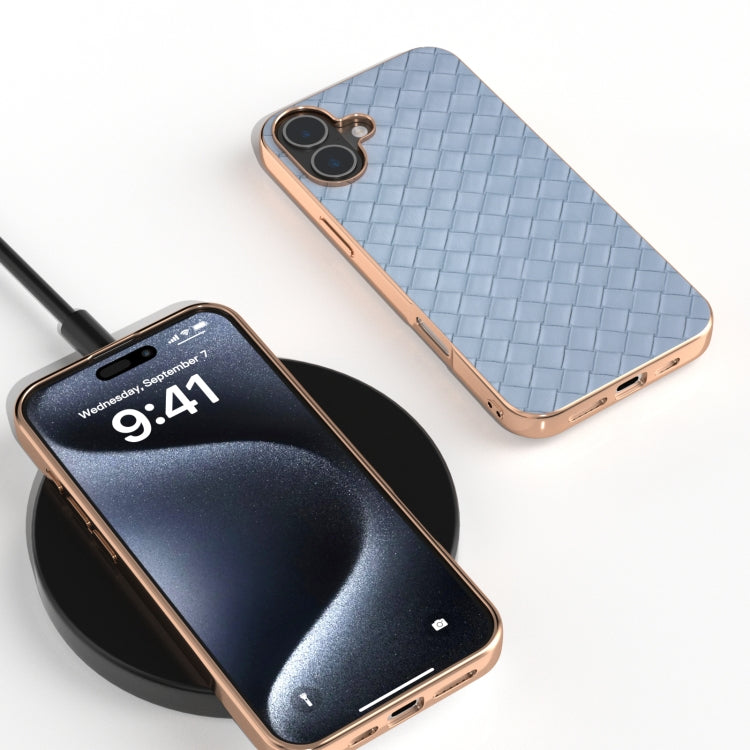 For iPhone 16 Plus Electroplated Frame Woven Texture PU Phone Case
