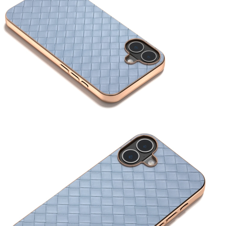 For iPhone 16 Plus Electroplated Frame Woven Texture PU Phone Case