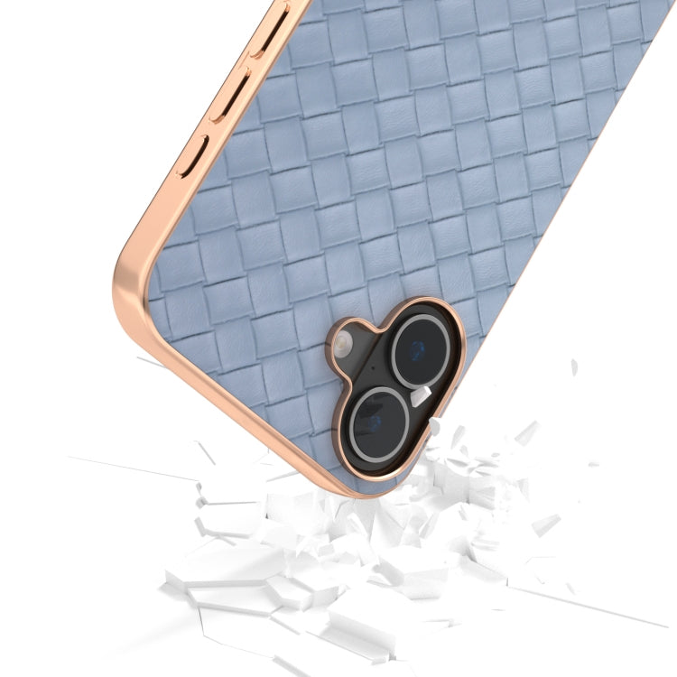 For iPhone 16 Plus Electroplated Frame Woven Texture PU Phone Case