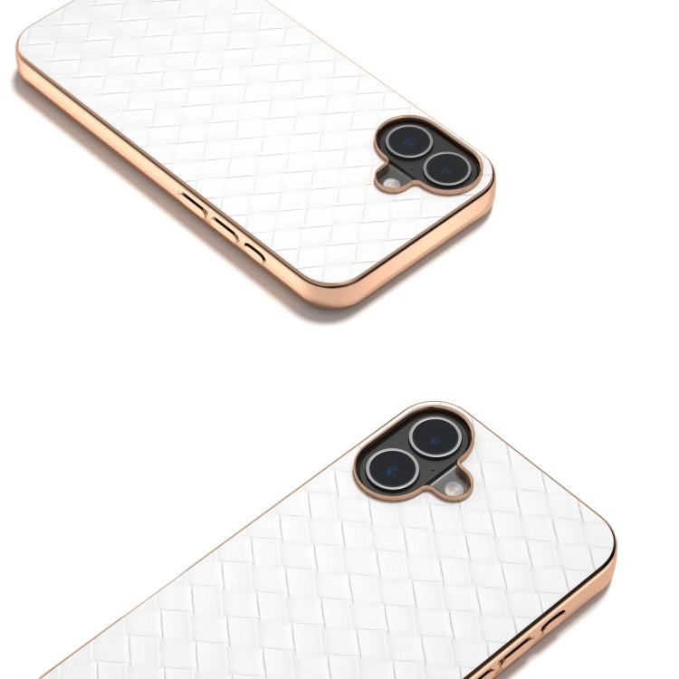 For iPhone 16 Electroplated Frame Woven Texture PU Phone Case