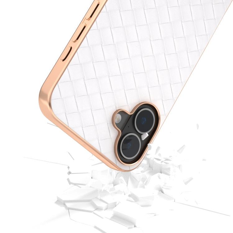 For iPhone 16 Electroplated Frame Woven Texture PU Phone Case