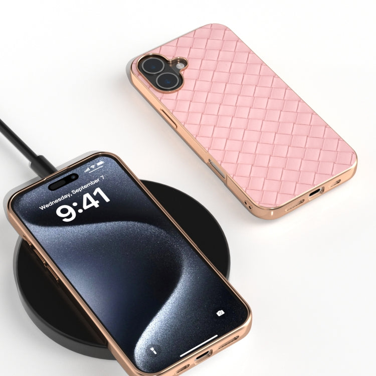 For iPhone 16 Electroplated Frame Woven Texture PU Phone Case