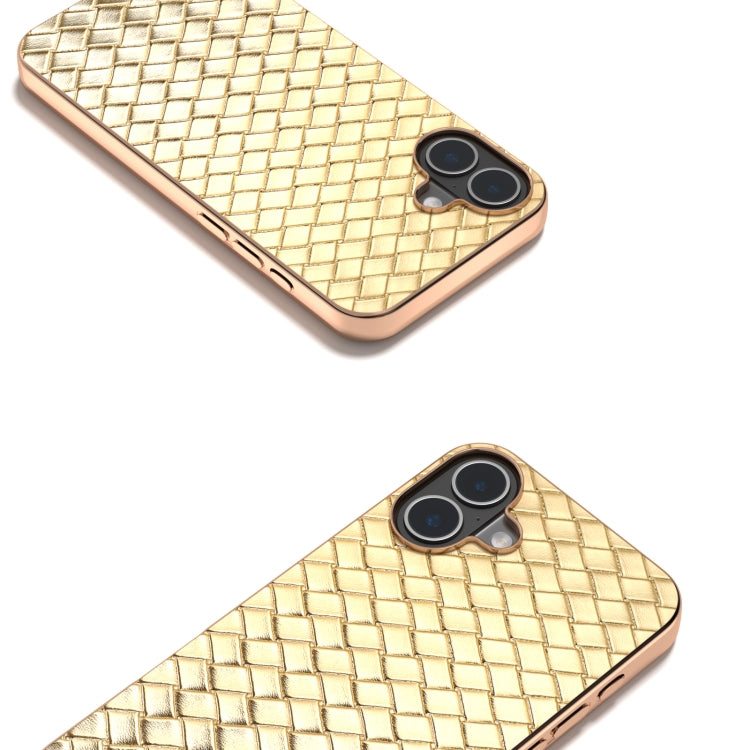 For iPhone 16 Electroplated Frame Woven Texture PU Phone Case
