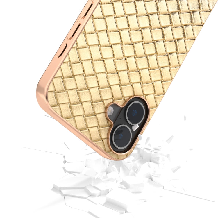 For iPhone 16 Electroplated Frame Woven Texture PU Phone Case