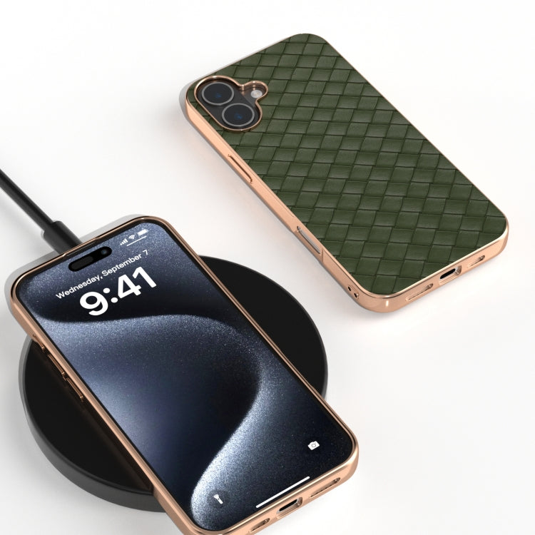 For iPhone 16 Electroplated Frame Woven Texture PU Phone Case