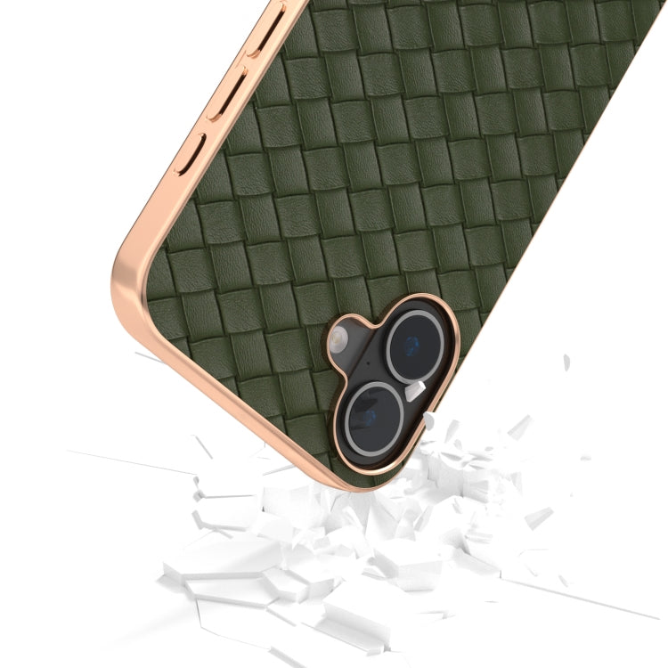 For iPhone 16 Electroplated Frame Woven Texture PU Phone Case