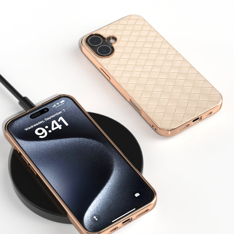 For iPhone 16 Electroplated Frame Woven Texture PU Phone Case