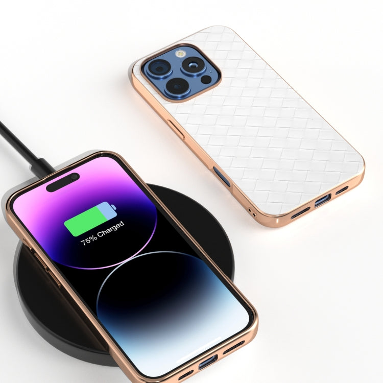 For iPhone 16 Pro Electroplated Frame Woven Texture PU Phone Case