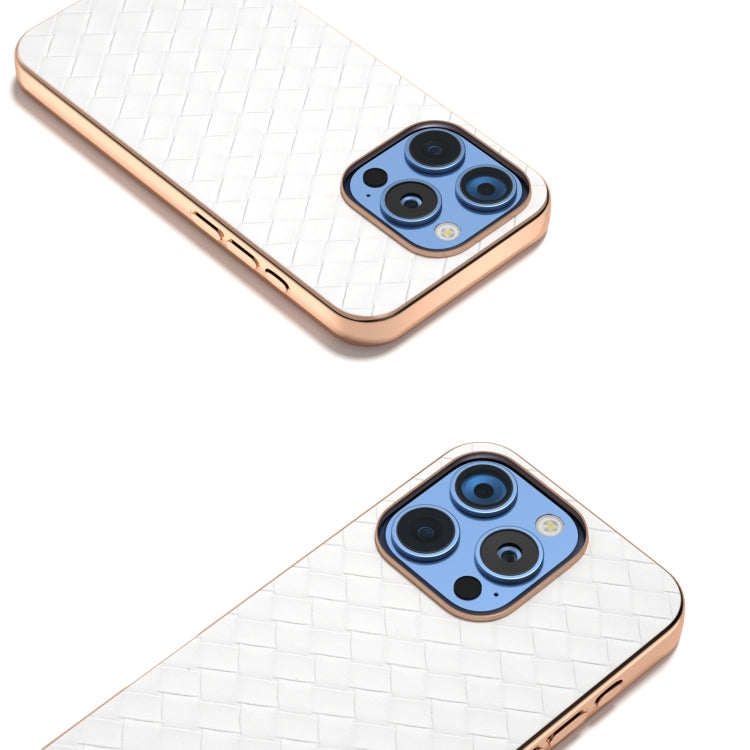 For iPhone 16 Pro Electroplated Frame Woven Texture PU Phone Case