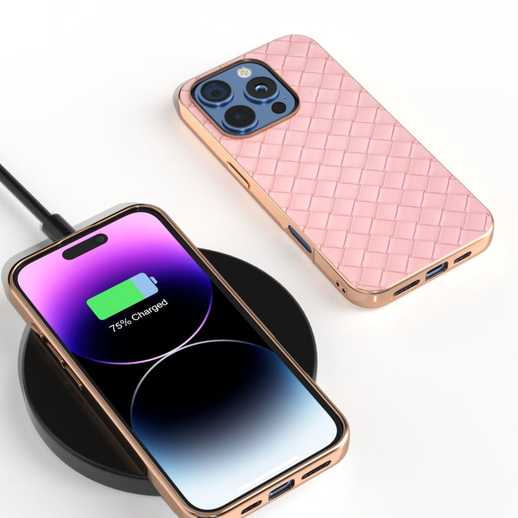 For iPhone 16 Pro Electroplated Frame Woven Texture PU Phone Case