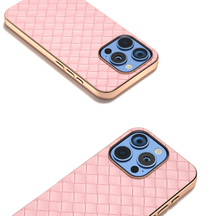 For iPhone 16 Pro Electroplated Frame Woven Texture PU Phone Case