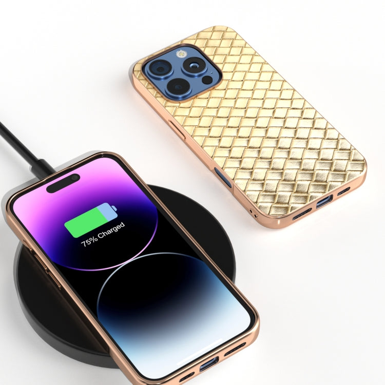 For iPhone 16 Pro Electroplated Frame Woven Texture PU Phone Case