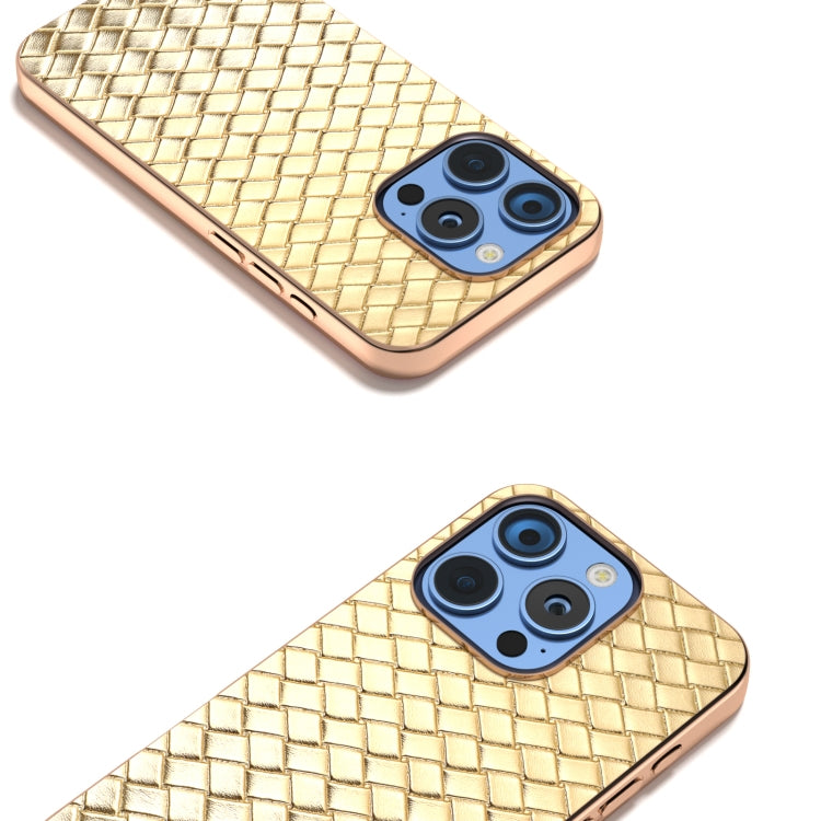 For iPhone 16 Pro Electroplated Frame Woven Texture PU Phone Case