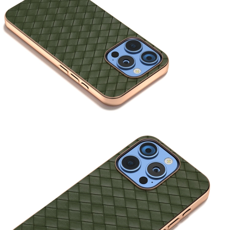 For iPhone 16 Pro Electroplated Frame Woven Texture PU Phone Case