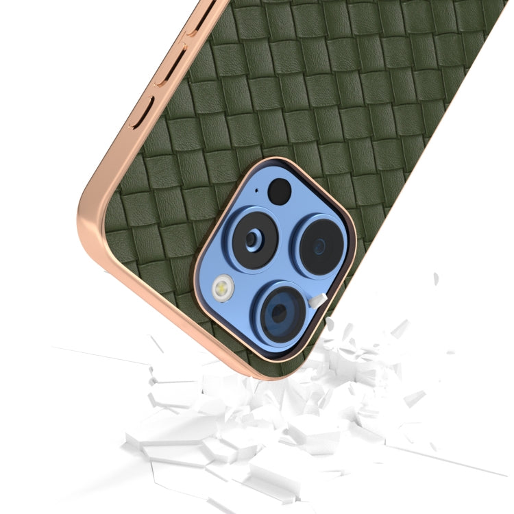 For iPhone 16 Pro Electroplated Frame Woven Texture PU Phone Case