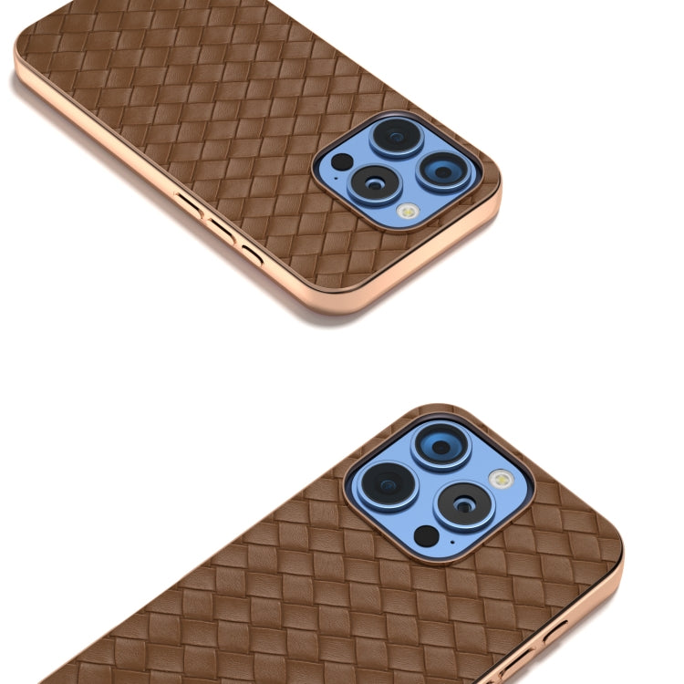 For iPhone 16 Pro Electroplated Frame Woven Texture PU Phone Case