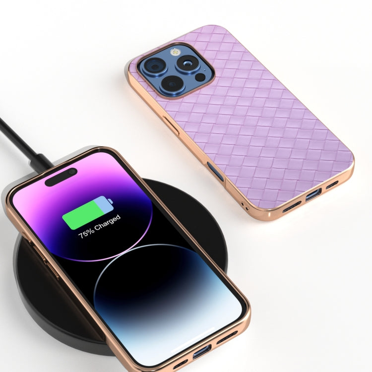 For iPhone 16 Pro Electroplated Frame Woven Texture PU Phone Case