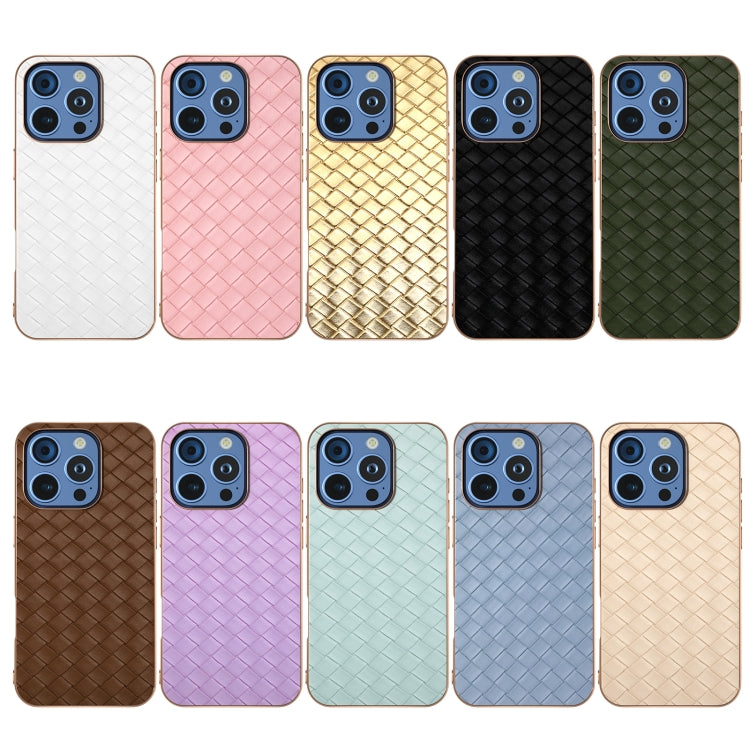 For iPhone 16 Pro Electroplated Frame Woven Texture PU Phone Case