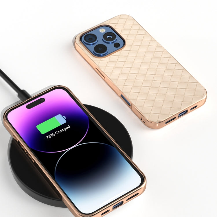 For iPhone 16 Pro Electroplated Frame Woven Texture PU Phone Case
