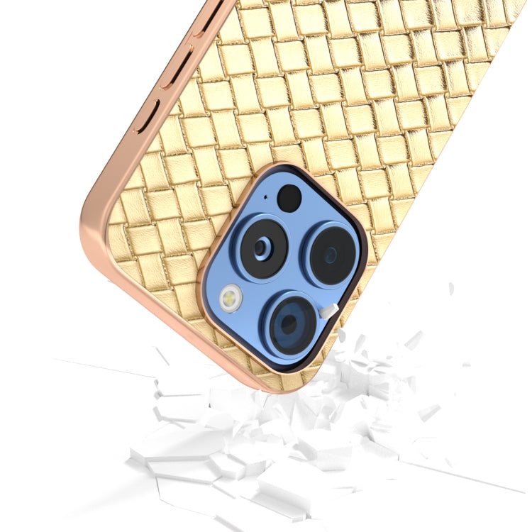 For iPhone 16 Pro Max Electroplated Frame Woven Texture PU Phone Case