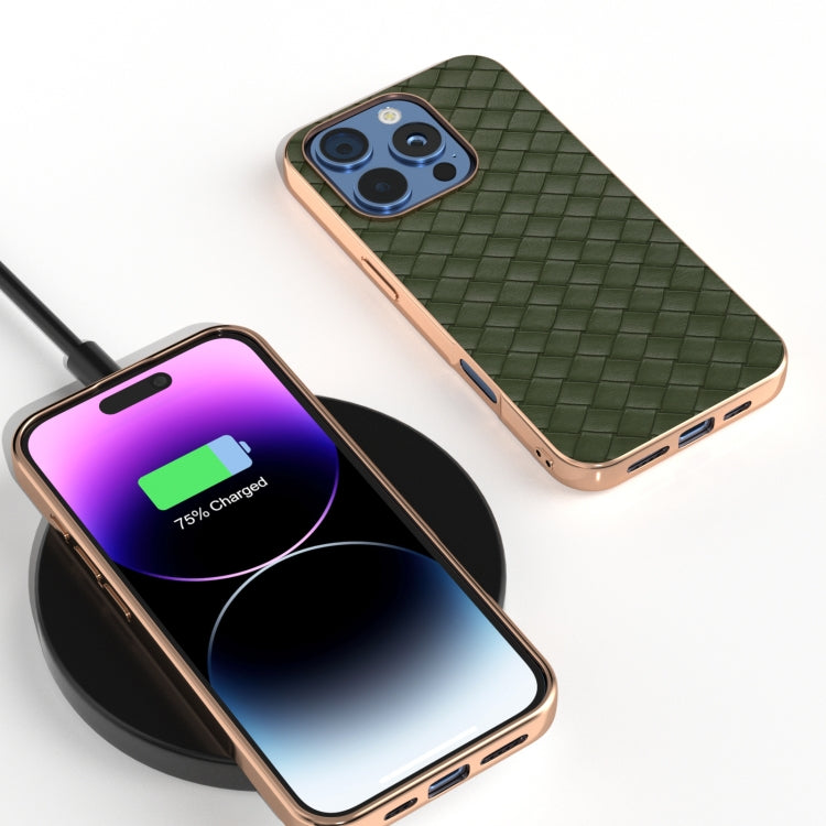 For iPhone 16 Pro Max Electroplated Frame Woven Texture PU Phone Case
