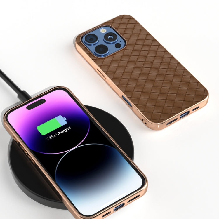 For iPhone 16 Pro Max Electroplated Frame Woven Texture PU Phone Case