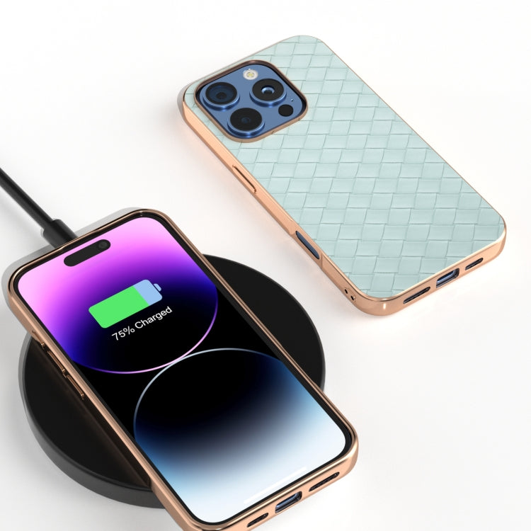 For iPhone 16 Pro Max Electroplated Frame Woven Texture PU Phone Case