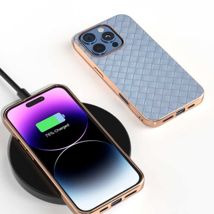 For iPhone 16 Pro Max Electroplated Frame Woven Texture PU Phone Case