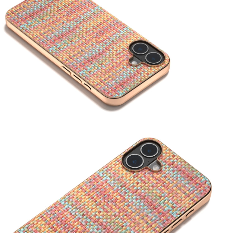 For iPhone 16 Plus Electroplated Frame Color Lattice Texture PU Phone Case