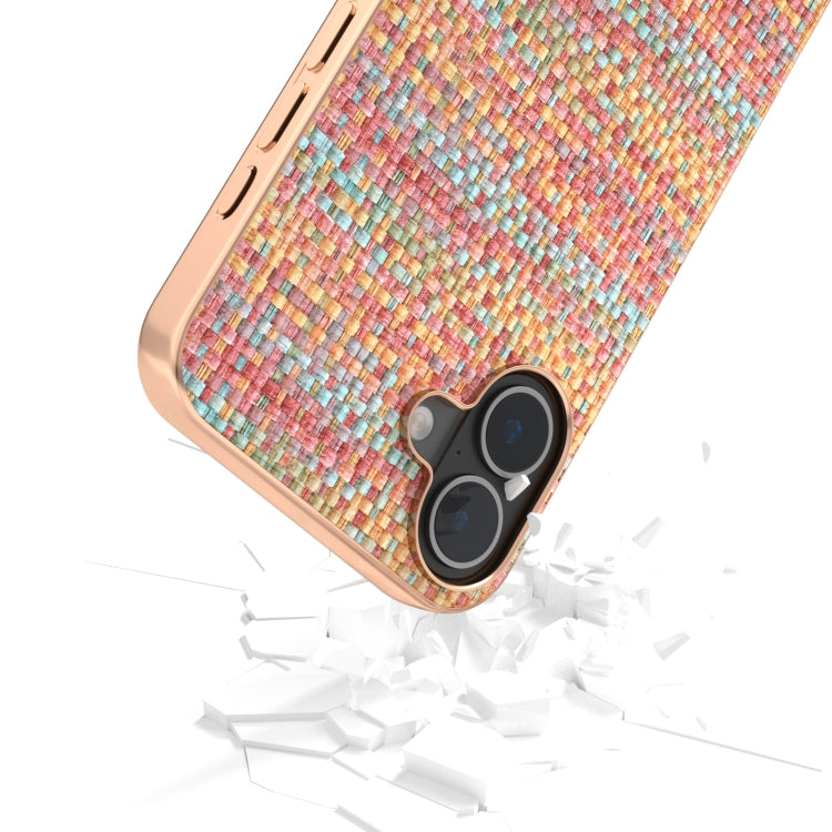 For iPhone 16 Plus Electroplated Frame Color Lattice Texture PU Phone Case