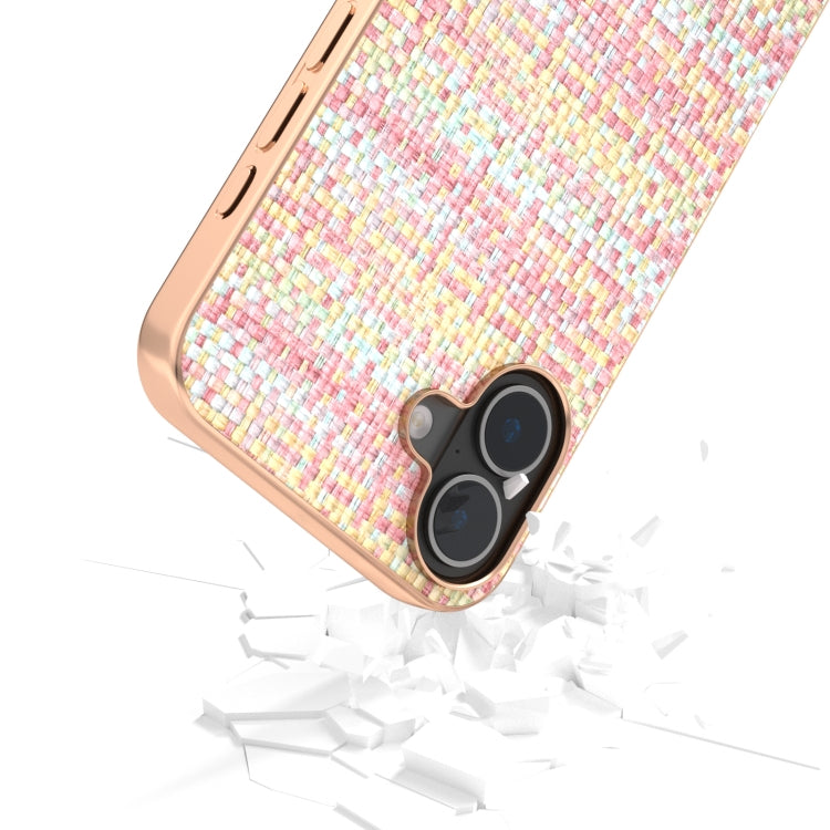 For iPhone 16 Plus Electroplated Frame Color Lattice Texture PU Phone Case