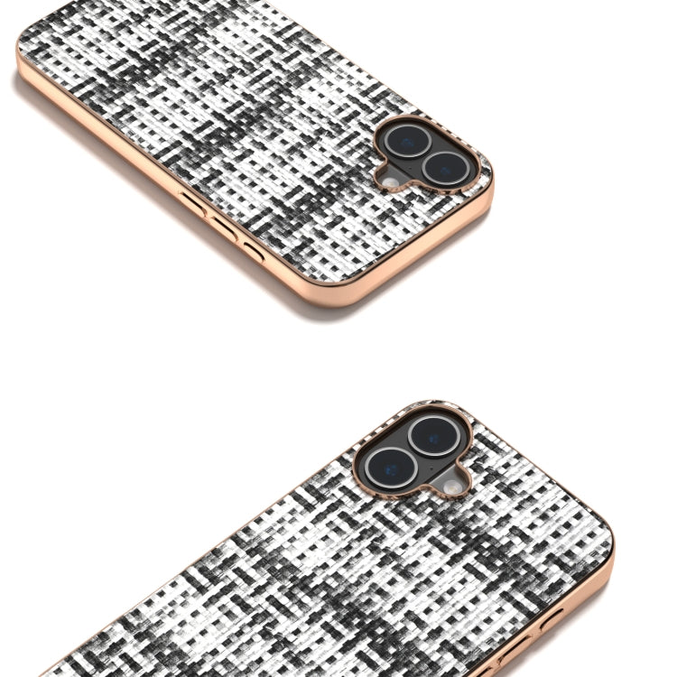 For iPhone 16 Plus Electroplated Frame Color Lattice Texture PU Phone Case