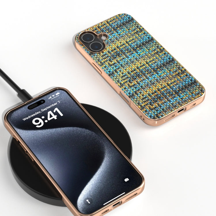 For iPhone 16 Plus Electroplated Frame Color Lattice Texture PU Phone Case
