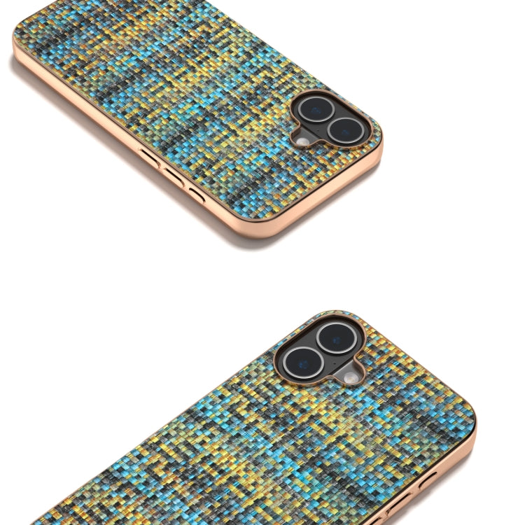 For iPhone 16 Plus Electroplated Frame Color Lattice Texture PU Phone Case