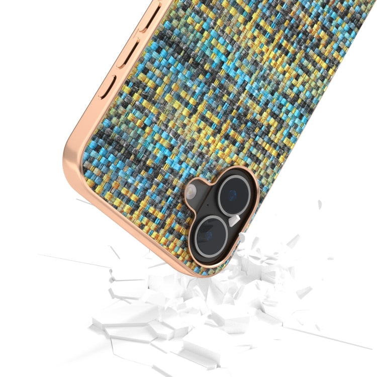 For iPhone 16 Plus Electroplated Frame Color Lattice Texture PU Phone Case