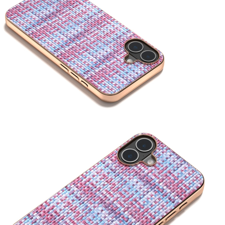 For iPhone 16 Plus Electroplated Frame Color Lattice Texture PU Phone Case