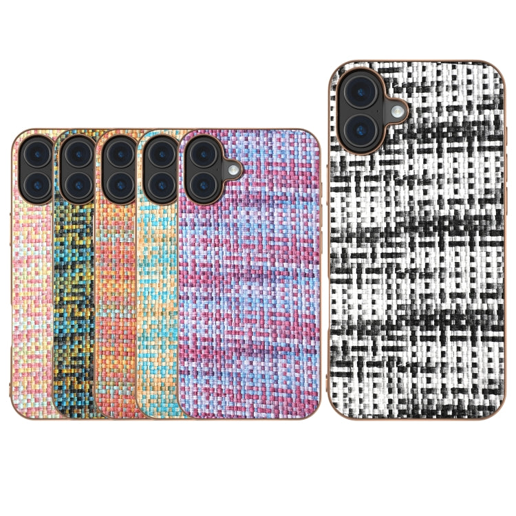 For iPhone 16 Plus Electroplated Frame Color Lattice Texture PU Phone Case