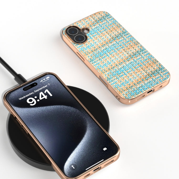 For iPhone 16 Electroplated Frame Color Lattice Texture PU Phone Case