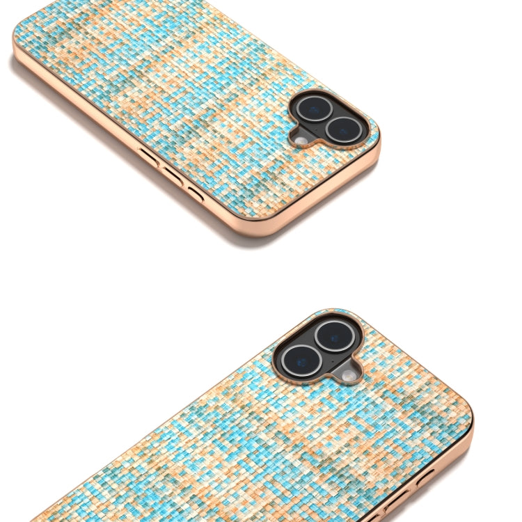 For iPhone 16 Electroplated Frame Color Lattice Texture PU Phone Case