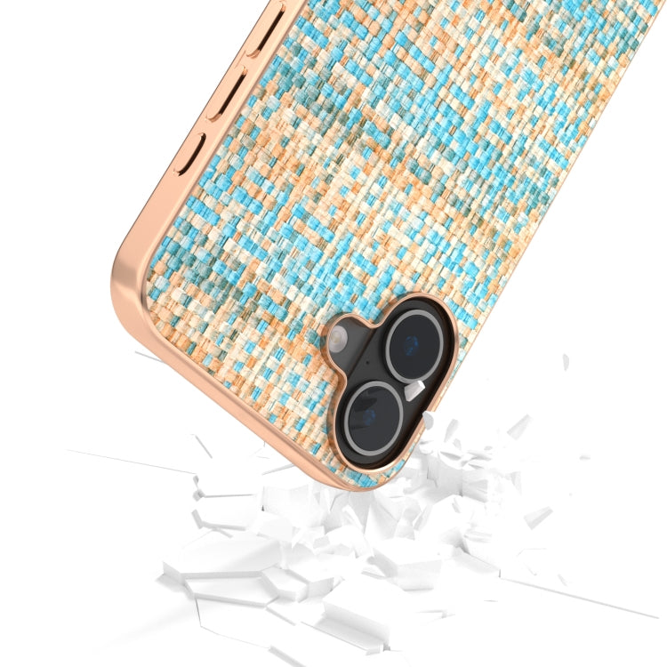 For iPhone 16 Electroplated Frame Color Lattice Texture PU Phone Case